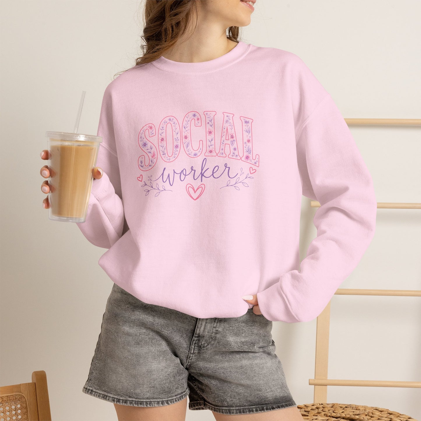 Social Worker Crewneck Sweatshirt — Pink Floral "Social Worker" Design
