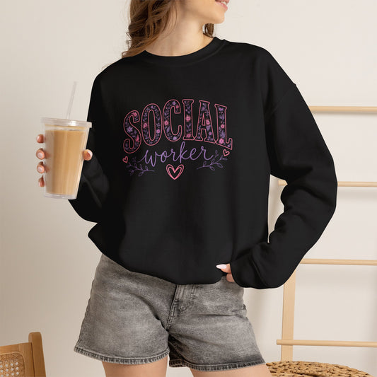 Social Worker Crewneck Sweatshirt — Pink Floral "Social Worker" Design